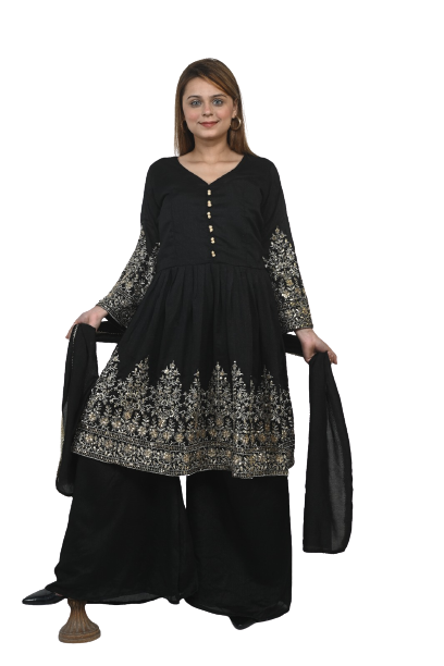 Black Embroidered Sharara Suit