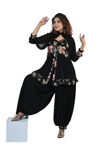 Noir Elegance Georgette Floral Embroidery Kurti Set