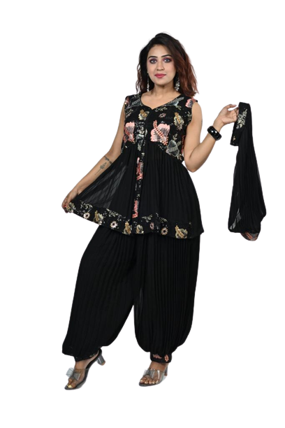 Noir Elegance Georgette Floral Embroidery Kurti Set