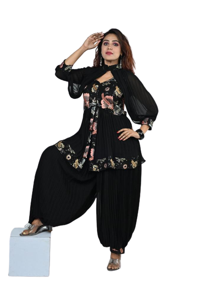 Noir Elegance Georgette Floral Embroidery Kurti Set