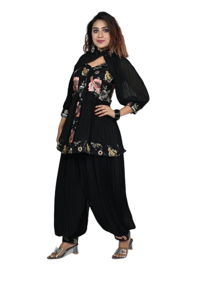 Noir Elegance Georgette Floral Embroidery Kurti Set