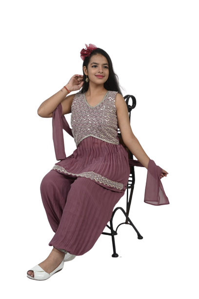 Delicate Rose Georgette Sequin Embroidered Kurta and Afghani Style Pants Set