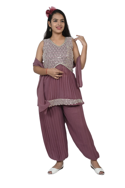 Delicate Rose Georgette Sequin Embroidered Kurta and Afghani Style Pants Set