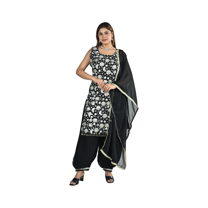 Midnight Elegance Georgette Embroidered Afghani Suit