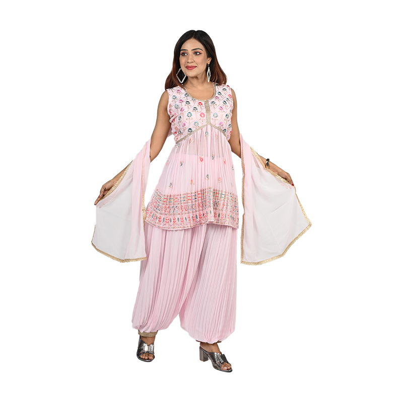 Blush Blossom Baby Pink Georgette Sequin and Thread Embroidery Kurti and Afghani Style Pants Set