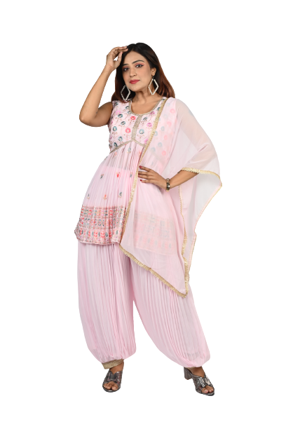 Blush Blossom Baby Pink Georgette Sequin and Thread Embroidery Kurti and Afghani Style Pants Set