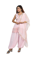 Blush Blossom Baby Pink Georgette Sequin and Thread Embroidery Kurti and Afghani Style Pants Set