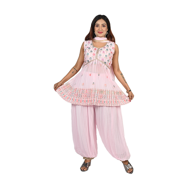 Blush Blossom Baby Pink Georgette Sequin and Thread Embroidery Kurti and Afghani Style Pants Set