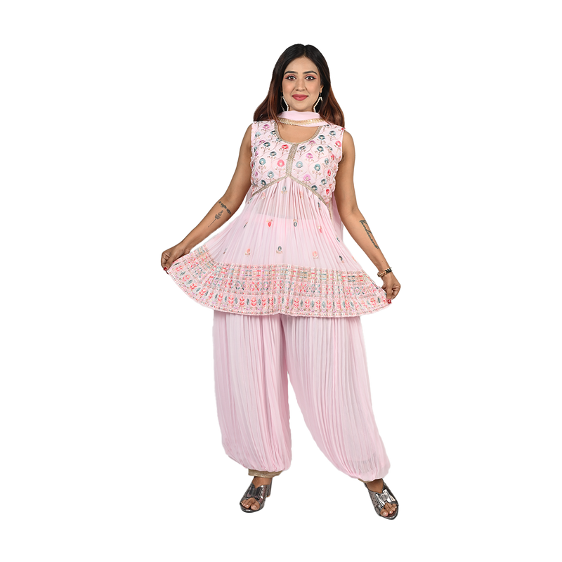 Blush Blossom Baby Pink Georgette Sequin and Thread Embroidery Kurti and Afghani Style Pants Set