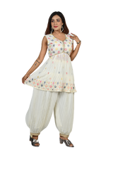 Pastel Harmony Off White Georgette Sequin and Thread Embroidery Kurti and Afghani Style Pants Set