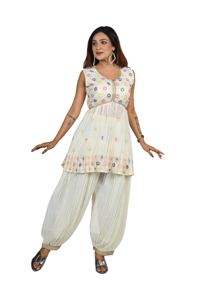 Pastel Harmony Off White Georgette Sequin and Thread Embroidery Kurti and Afghani Style Pants Set