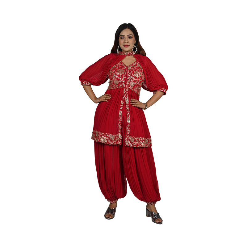 Golden Blossom Red Georgette Floral Patterned Golden Embroidery Kurti Set