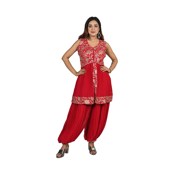 Golden Blossom Red Georgette Floral Patterned Golden Embroidery Kurti Set