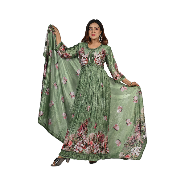 Parrot Elegance Parrot Green Digital Printed Anarkali Style Pleated Full-Length Gown Set