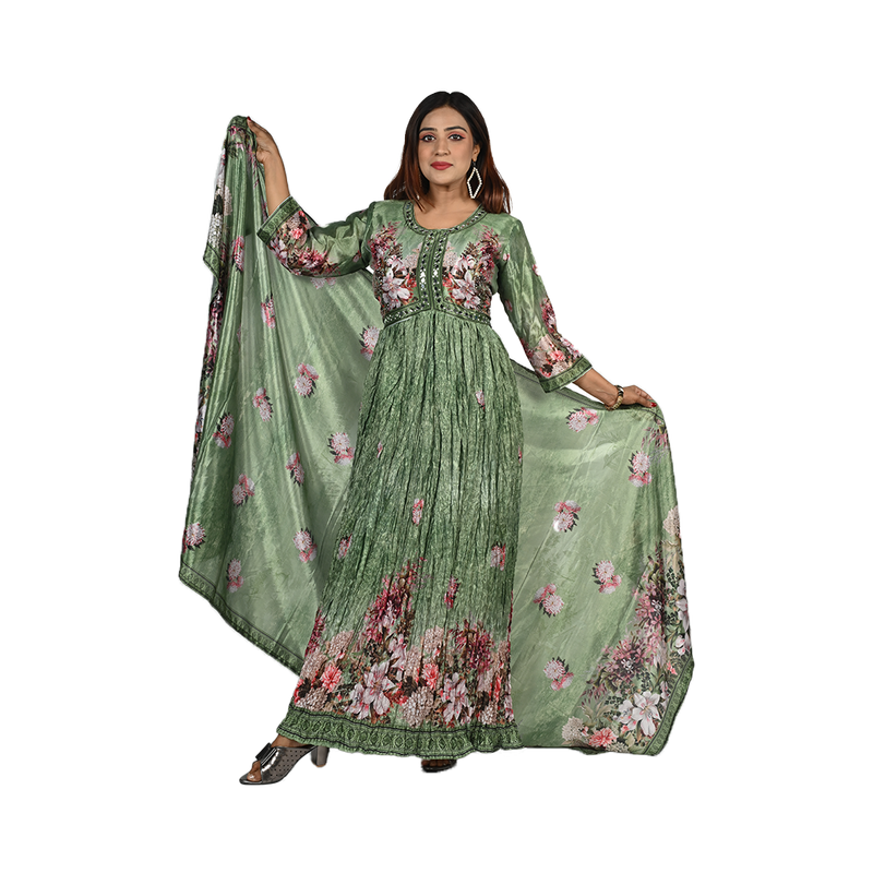 Parrot Elegance Parrot Green Digital Printed Anarkali Style Pleated Full-Length Gown Set