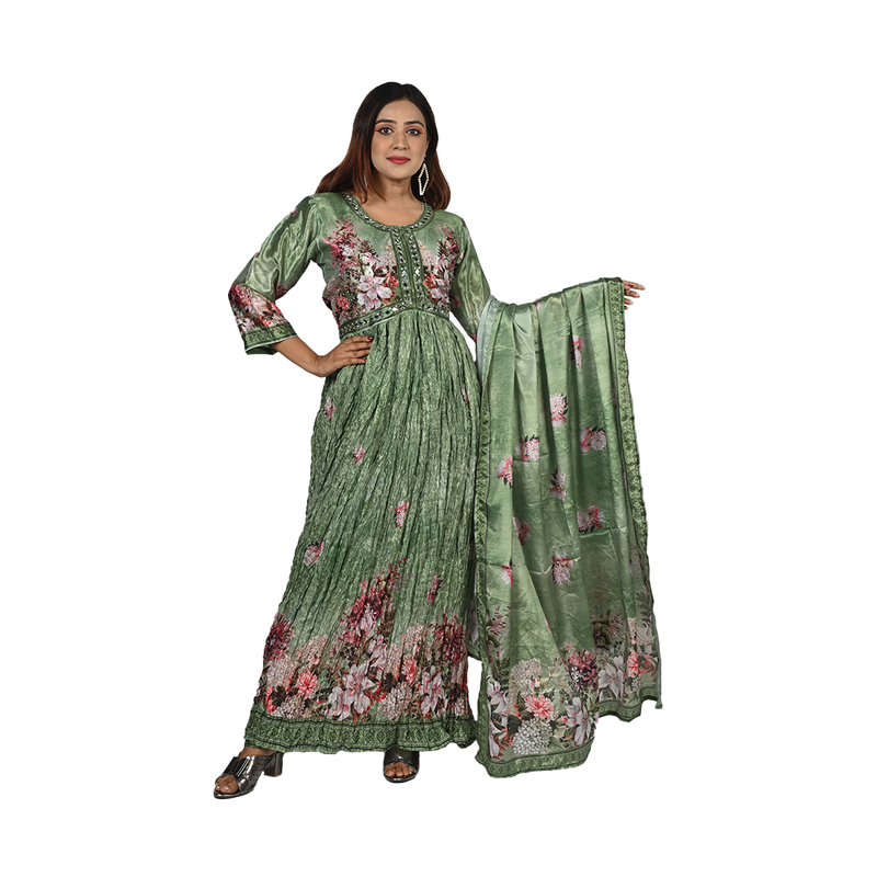 Parrot Elegance Parrot Green Digital Printed Anarkali Style Pleated Full-Length Gown Set