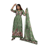 Parrot Elegance Parrot Green Digital Printed Anarkali Style Pleated Full-Length Gown Set