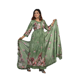 Parrot Elegance Parrot Green Digital Printed Anarkali Style Pleated Full-Length Gown Set