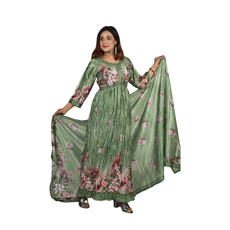 Parrot Elegance Parrot Green Digital Printed Anarkali Style Pleated Full-Length Gown Set