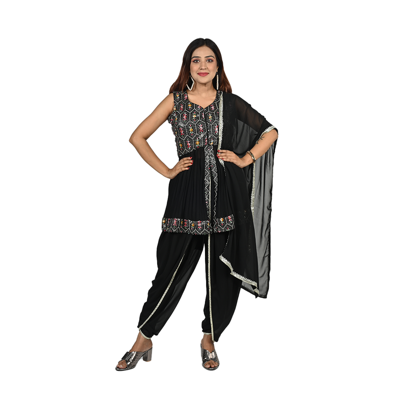 Noir Enigma Black Georgette Sequin and Thread Embroidery Kurti and Dhoti Pants Set