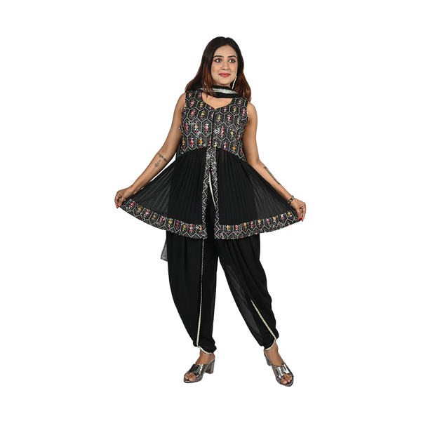 Noir Enigma Black Georgette Sequin and Thread Embroidery Kurti and Dhoti Pants Set