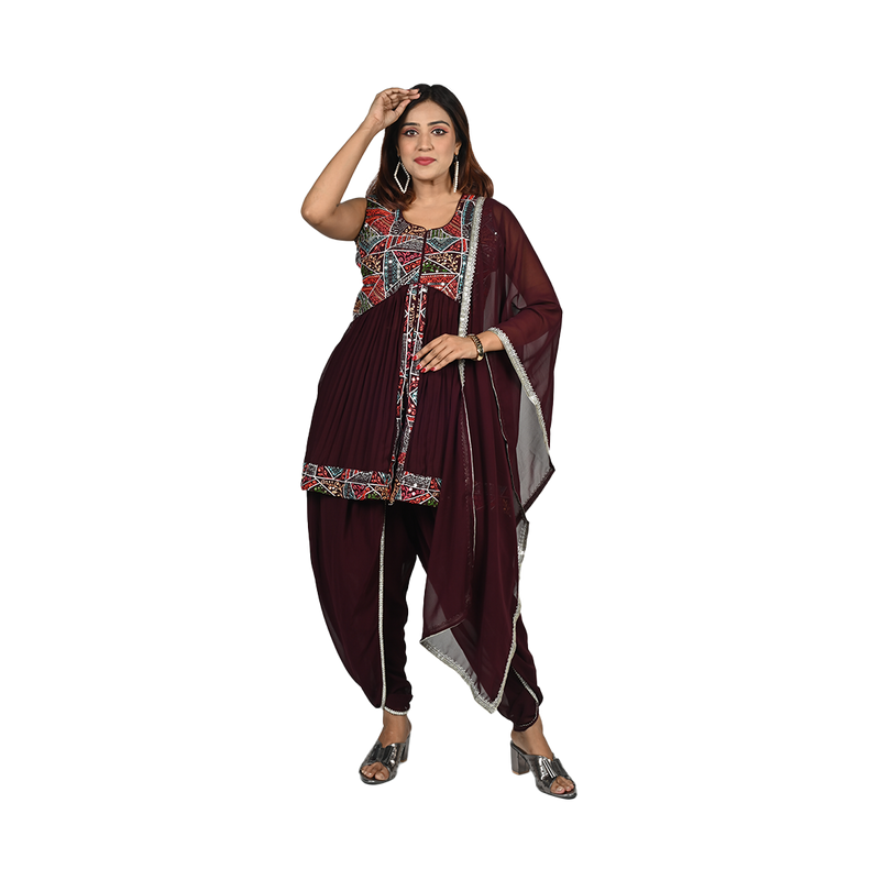 Plum Radiance Plum Georgette Sequin, Thread, and Bead Work Kurti and Dhoti Set