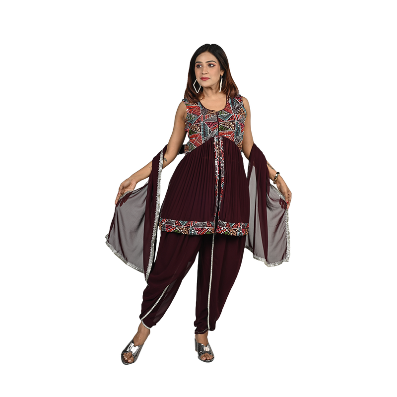 Plum Radiance Plum Georgette Sequin, Thread, and Bead Work Kurti and Dhoti Set