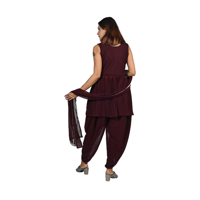 Plum Radiance Plum Georgette Sequin, Thread, and Bead Work Kurti and Dhoti Set