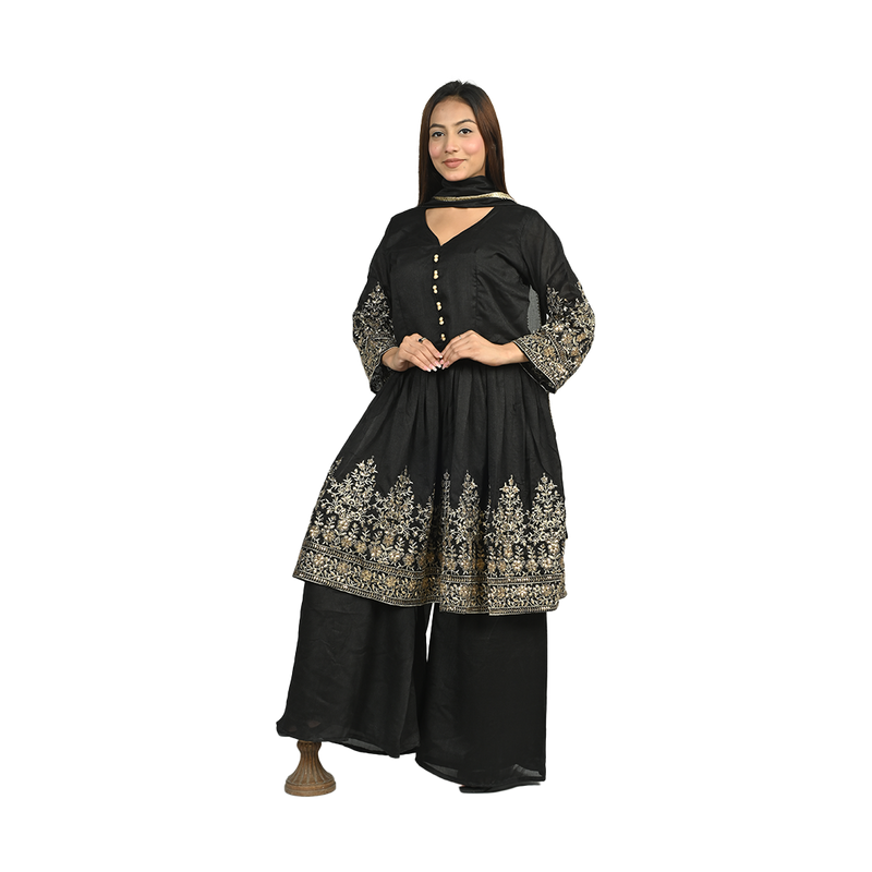 Black Embroidered Sharara Suit