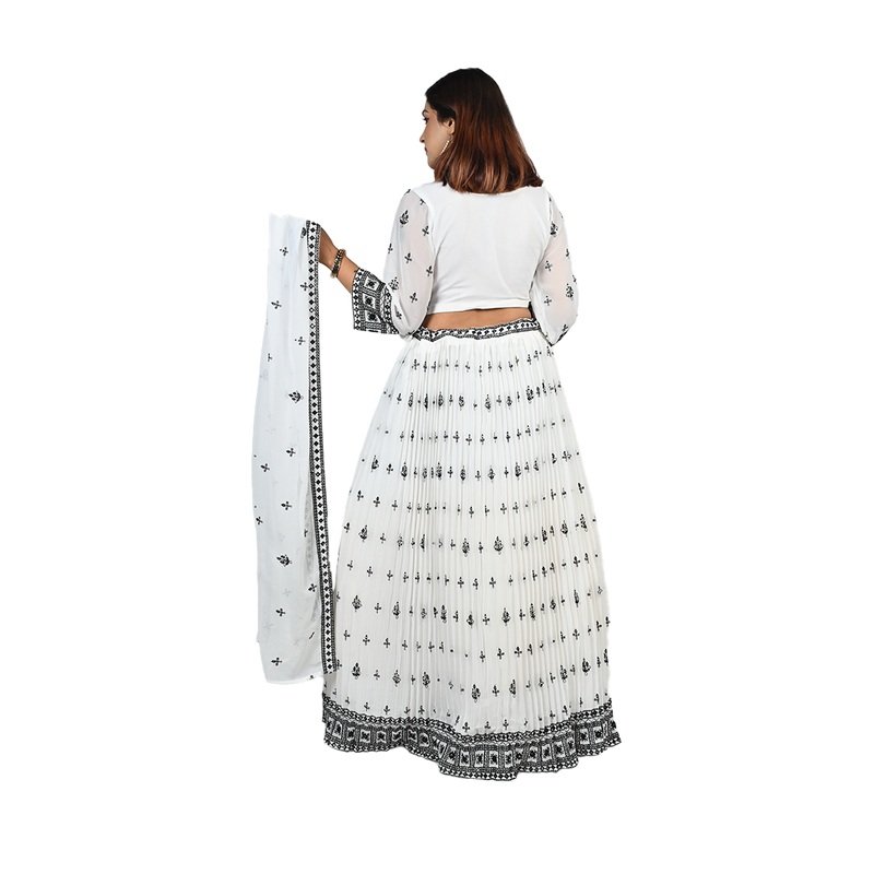 Ivory Elegance White Georgette Thread Embroidery Lehenga Set