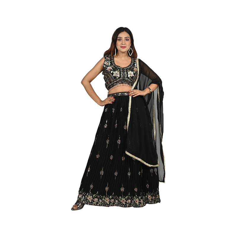 Elegant Ebony Black Georgette Thread Embroidery Lehenga Set