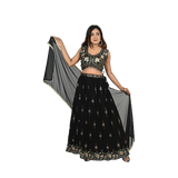 Elegant Ebony Black Georgette Thread Embroidery Lehenga Set