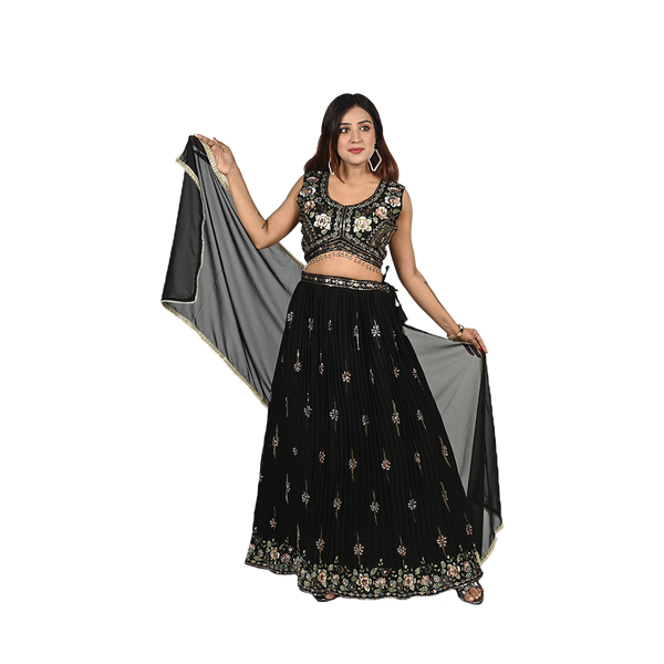 Elegant Ebony Black Georgette Thread Embroidery Lehenga Set