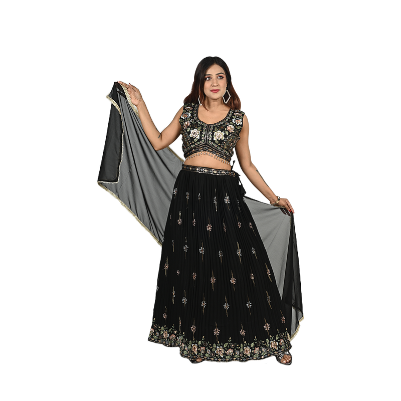 Elegant Ebony Black Georgette Thread Embroidery Lehenga Set