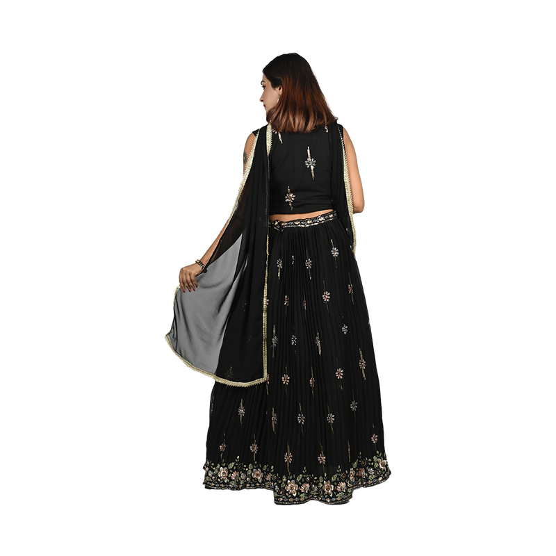 Elegant Ebony Black Georgette Thread Embroidery Lehenga Set