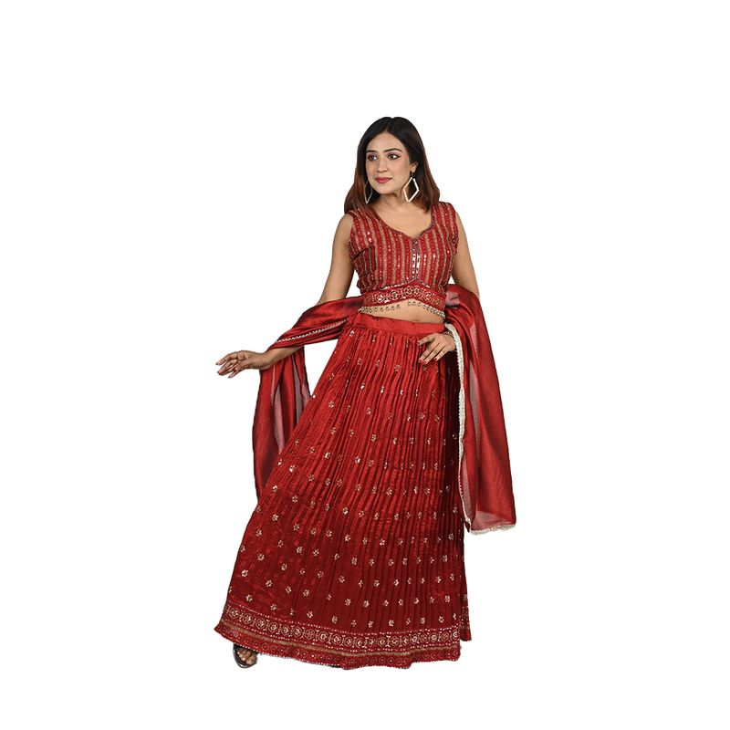 Scarlet Elegance Red Georgette Sequin Embroidery Lehenga Set