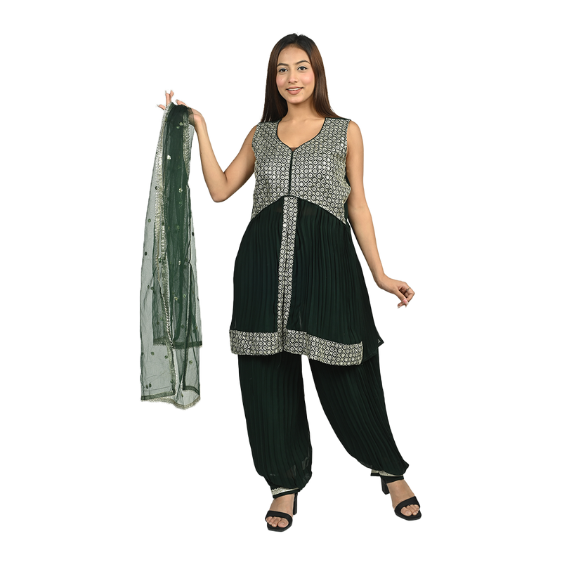 Bottle Green Elegance Georgette Sequin Embroidery Pleated Kurti Set