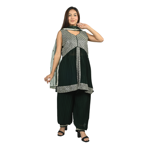 Bottle Green Elegance Georgette Sequin Embroidery Pleated Kurti Set