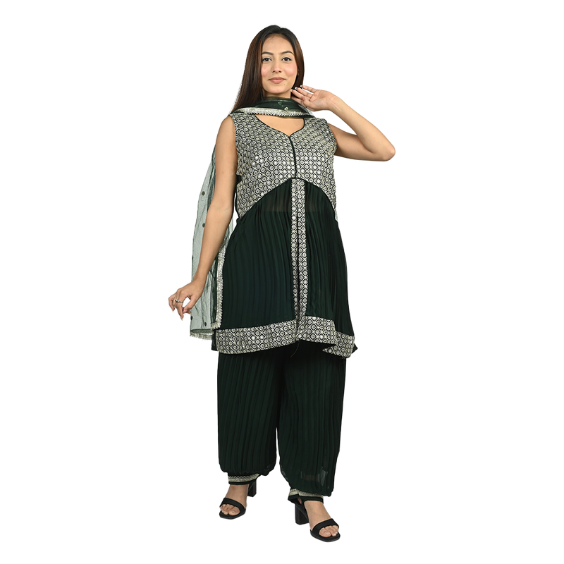 Bottle Green Elegance Georgette Sequin Embroidery Pleated Kurti Set