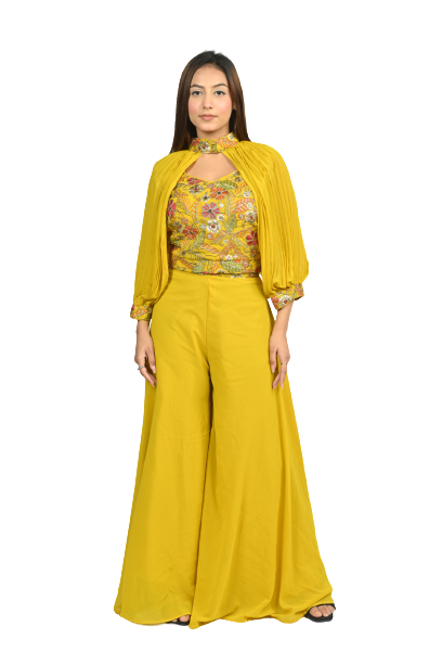 Laddoo Yellow Georgette Sequin and Thread Embroidery Choli and Flared Pants Set