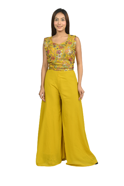 Laddoo Yellow Georgette Sequin and Thread Embroidery Choli and Flared Pants Set