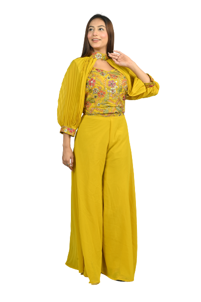 Laddoo Yellow Georgette Sequin and Thread Embroidery Choli and Flared Pants Set