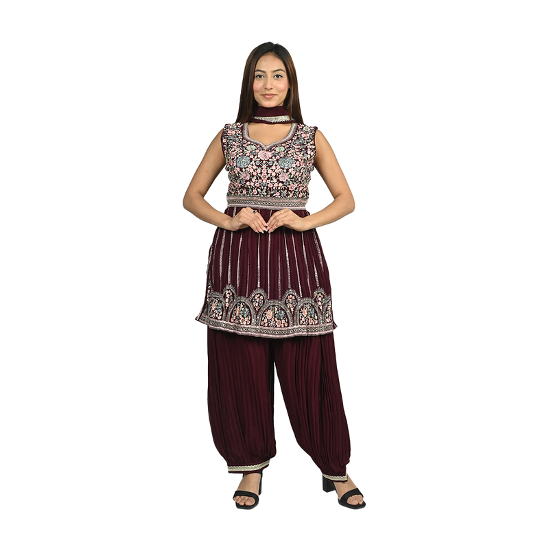 Elegance in Wine Georgette Floral Thread Embroidery Kurti Set