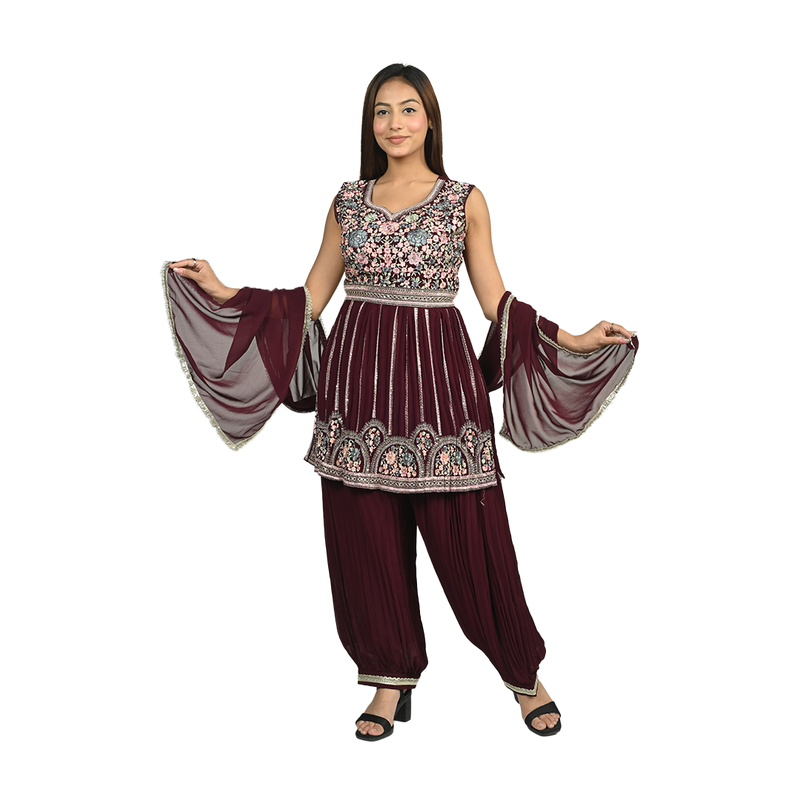 Elegance in Wine Georgette Floral Thread Embroidery Kurti Set