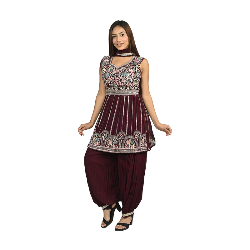 Elegance in Wine Georgette Floral Thread Embroidery Kurti Set