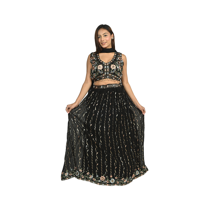 Black Georgette Sequin and Floral Embroidery Lehenga Set