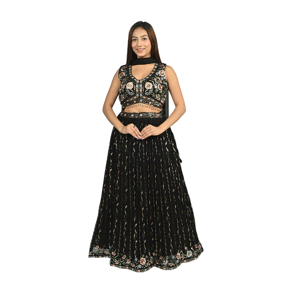Black Georgette Sequin and Floral Embroidery Lehenga Set