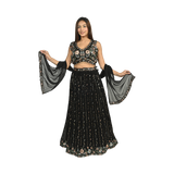 Black Georgette Sequin and Floral Embroidery Lehenga Set