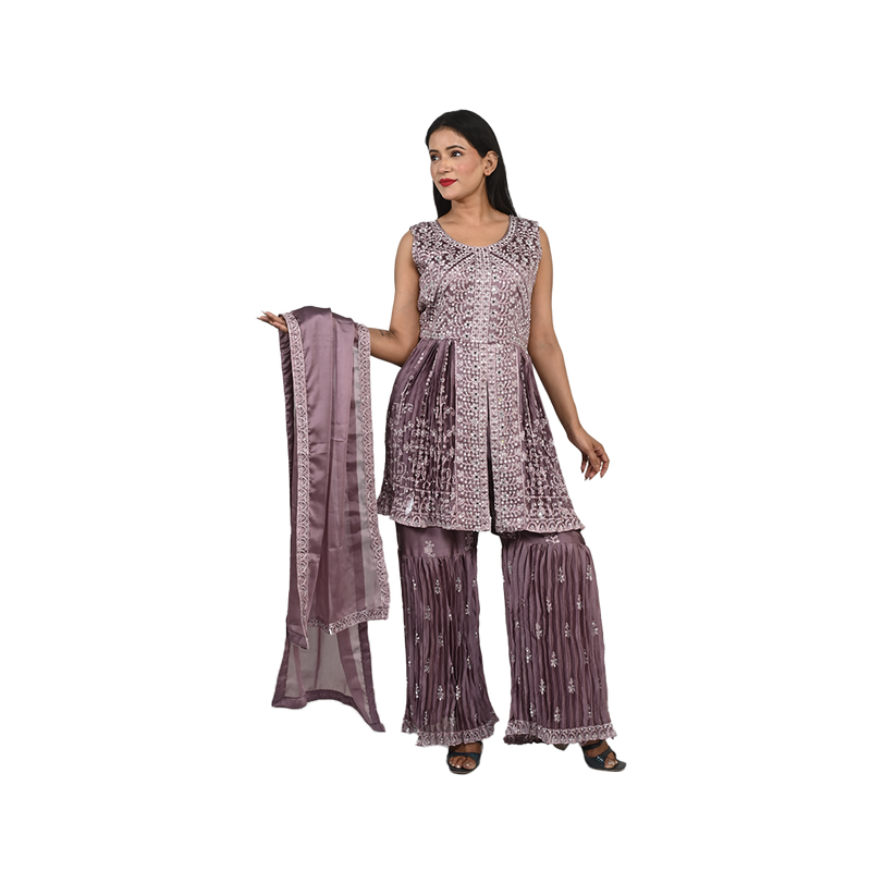 Royal Violet Georgette Embroidered Sharara Set