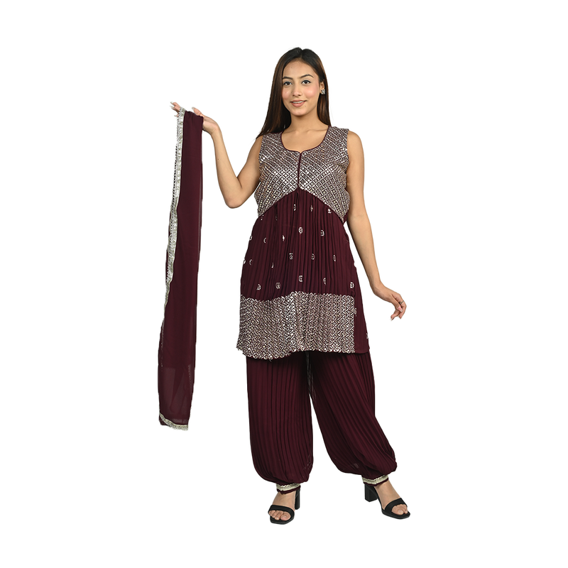 Wine Georgette Sequin Embroidery Kurta Set